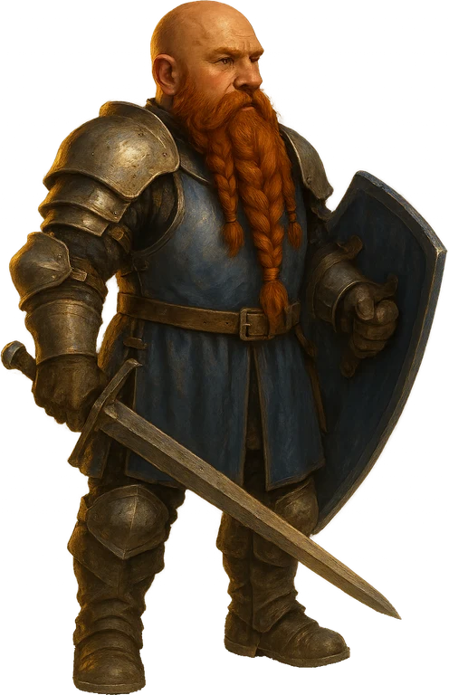 A red-bearded dwarf in heavy plate with sword and shield