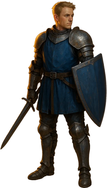 A human shield-bearer in a blue tabard and plate