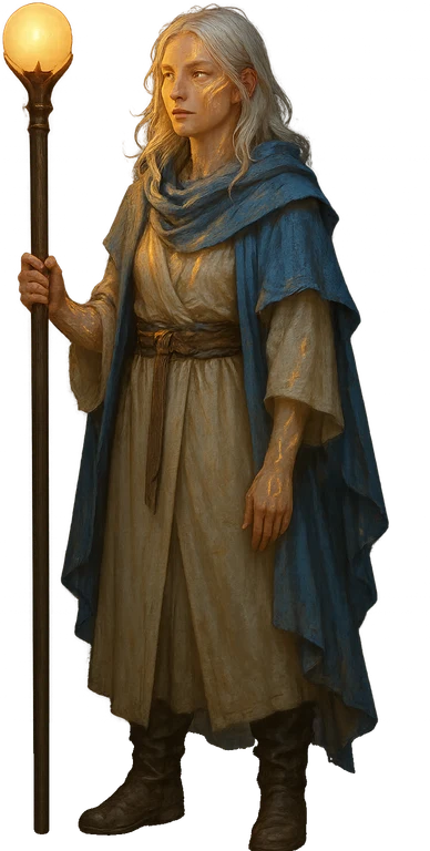 A pale Lumenborn oracle holding a staff topped with a lit globe